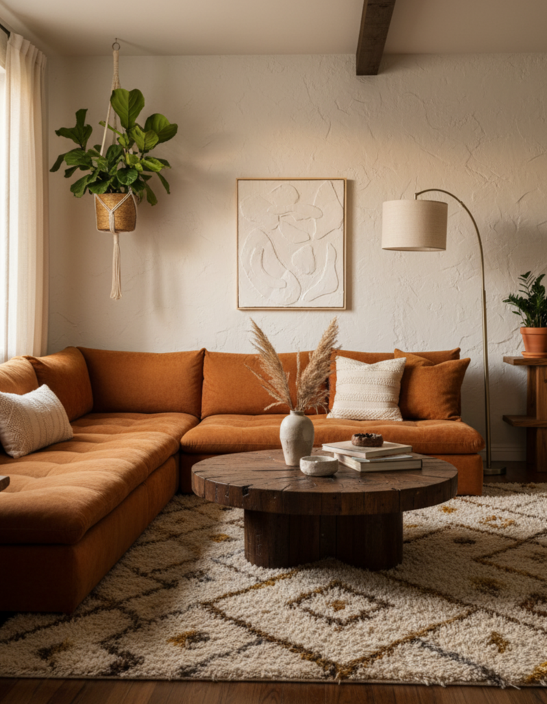 Texture art in boho mid century modern living room